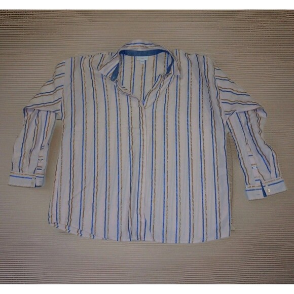 J. Jill Pink w/ Blue & Gold Shimmer Striped Button Up Shirt Long Sleeve Top Sz L - Picture 1 of 5